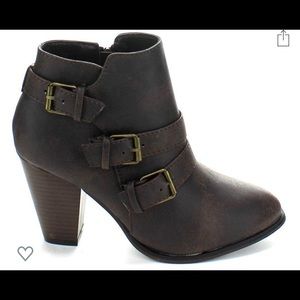 Brown faux leather three buckle heeled booties